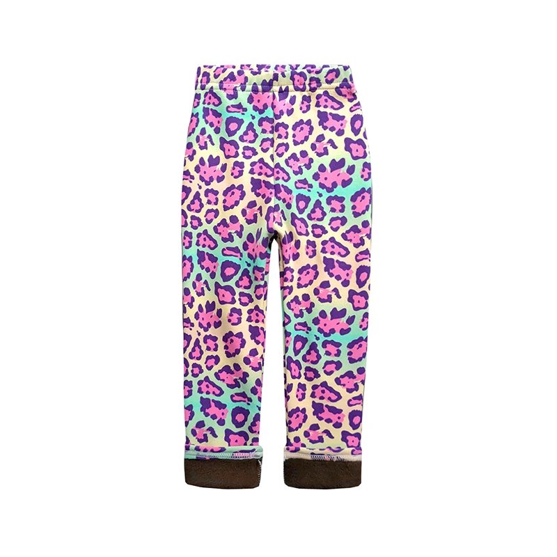 Colourful leopard print fleece leggings for girls with pink and purple spots on a pastel multicoloured background.