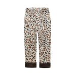 Cream leopard print fleece leggings for girls with brown and black animal print and warm fleece lined cuffs.