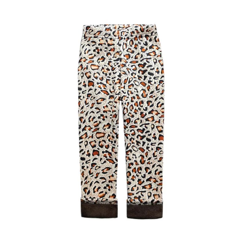 Cream leopard print fleece leggings for girls with brown and black animal print and warm fleece lined cuffs.