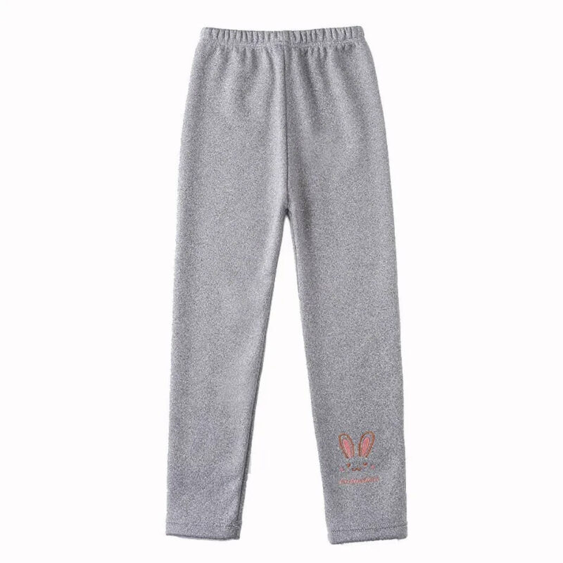 Grey embroidered bunny fleece leggings for girls with elasticated waist and bunny detail near the ankle