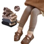 khaki Ribbed Knit Winter Leggings for Girls (1)