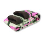 Folded pink, green and khaki camouflage winter leggings for girls showing the thick brown fleece lining.