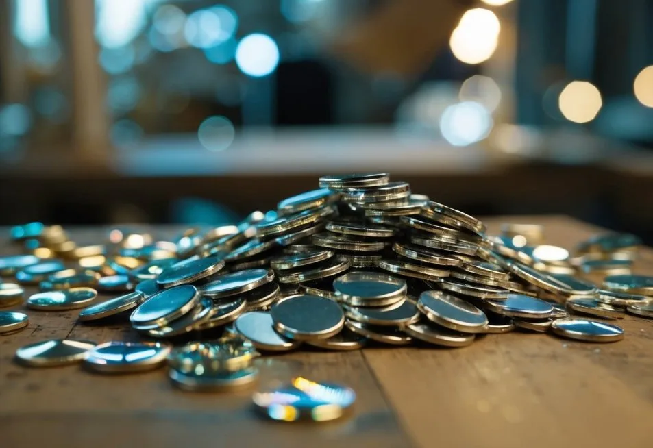 20 Facts About Sequins: Shimmering Secrets of Fashion History - Fabulous Bargains Galore A shimmering pile of metallic disks scattered across a tailor's workbench, catching the light and reflecting a dazzling array of colors
