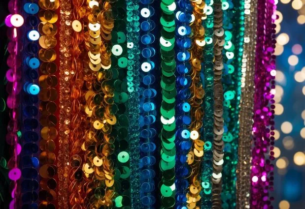 20 Facts About Sequins: Shimmering Secrets of Fashion History - Fabulous Bargains Galore A colorful array of sequins in various shapes and sizes, sparkling under bright lights, evoking a sense of glamour and celebration