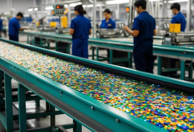 20 Facts About Sequins: Shimmering Secrets of Fashion History - Fabulous Bargains Galore A factory conveyor belt moving colorful sequins through various stages of production. Workers oversee the machines, inspecting the quality of the sequins