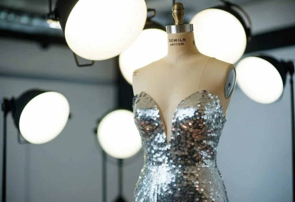 20 Facts About Sequins: Shimmering Secrets of Fashion History - Fabulous Bargains Galore A sequin-covered gown on a mannequin in a modern fashion studio. Bright lights reflect off the shimmering fabric, creating a dazzling effect