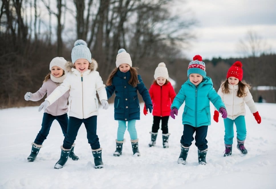 A group of kids playing in the snow, wearing cozy winter leggings and enjoying outdoor activities