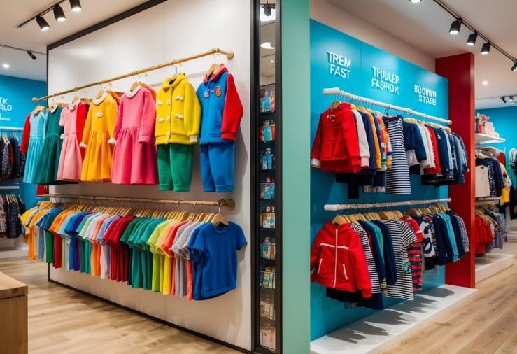 What is the difference between seasonal fashion and fast fashion in kids clothing? - Fabulous Bargains Galore A colorful display of children's clothing, with one section showcasing classic seasonal styles and another section displaying trendy fast fashion items