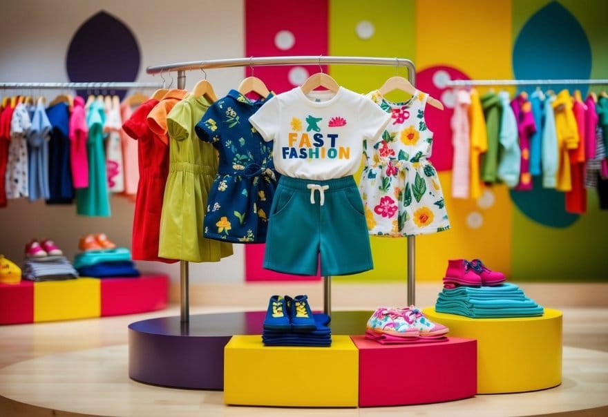 What is the difference between seasonal fashion and fast fashion in kids clothing? - Fabulous Bargains Galore A vibrant display of children's clothing, with nature-inspired colors and patterns for seasonal fashion, and bold, trendy designs for fast fashion