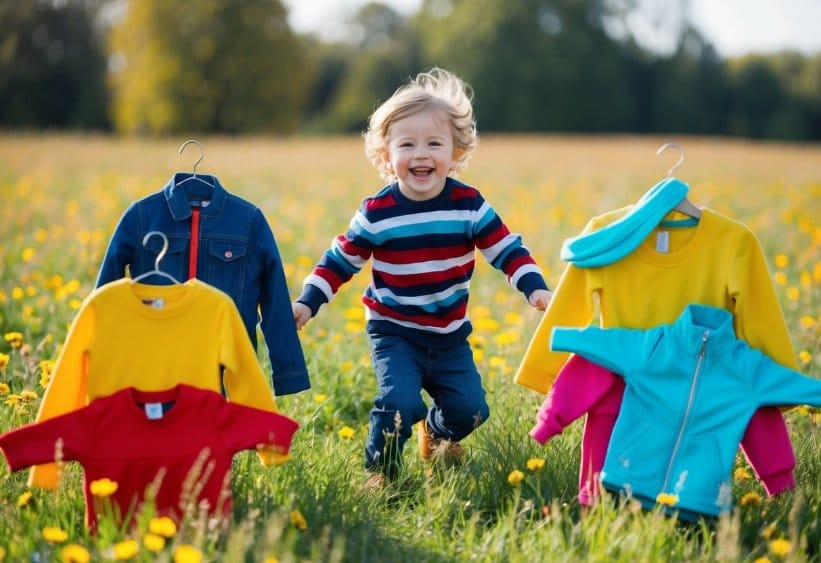 What is the difference between seasonal fashion and fast fashion in kids clothing? - Fabulous Bargains Galore A child happily playing in a field, surrounded by colorful clothing items representing both seasonal and fast fashion