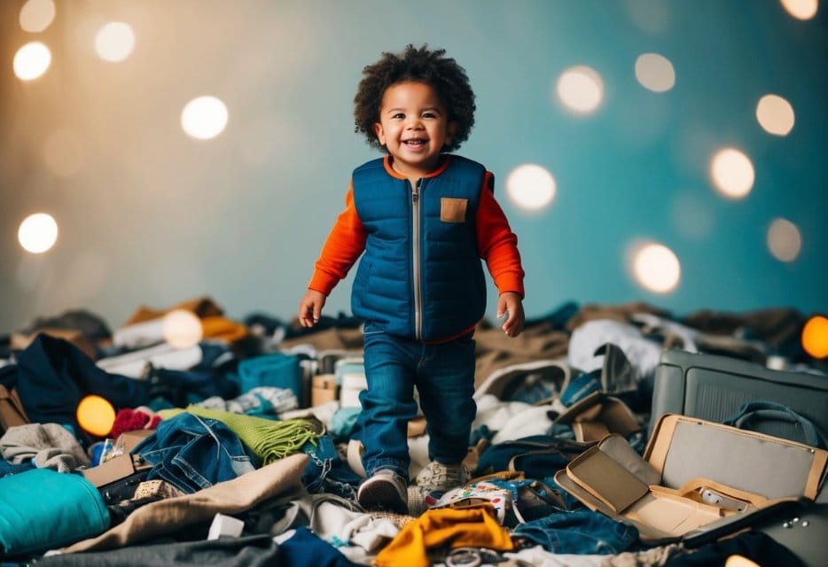 What is the difference between seasonal fashion and fast fashion in kids clothing? - Fabulous Bargains Galore A child happily wearing a durable, timeless garment while surrounded by discarded, worn-out fast fashion items