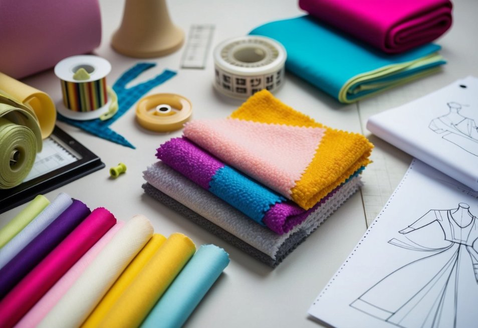 What is Bouclé? A Guide to This Popular Textile's Distinctive Looped Weave - Fabulous Bargains Galore A colorful bouclé fabric swatch surrounded by sewing materials and fashion sketches