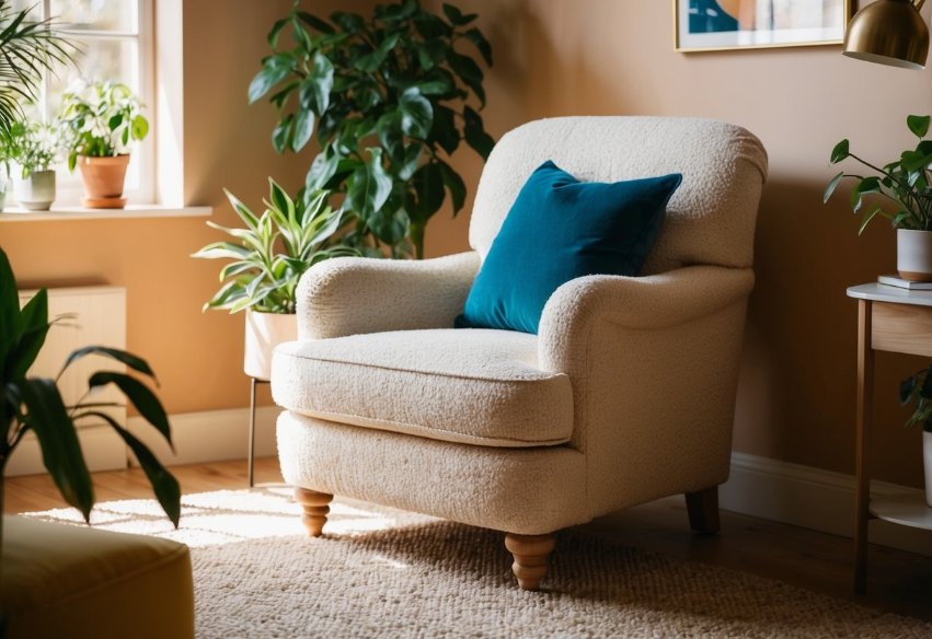 What is Bouclé? A Guide to This Popular Textile's Distinctive Looped Weave - Fabulous Bargains Galore A cozy armchair upholstered in bouclé fabric sits in a sunlit room, surrounded by plants and a warm color palette