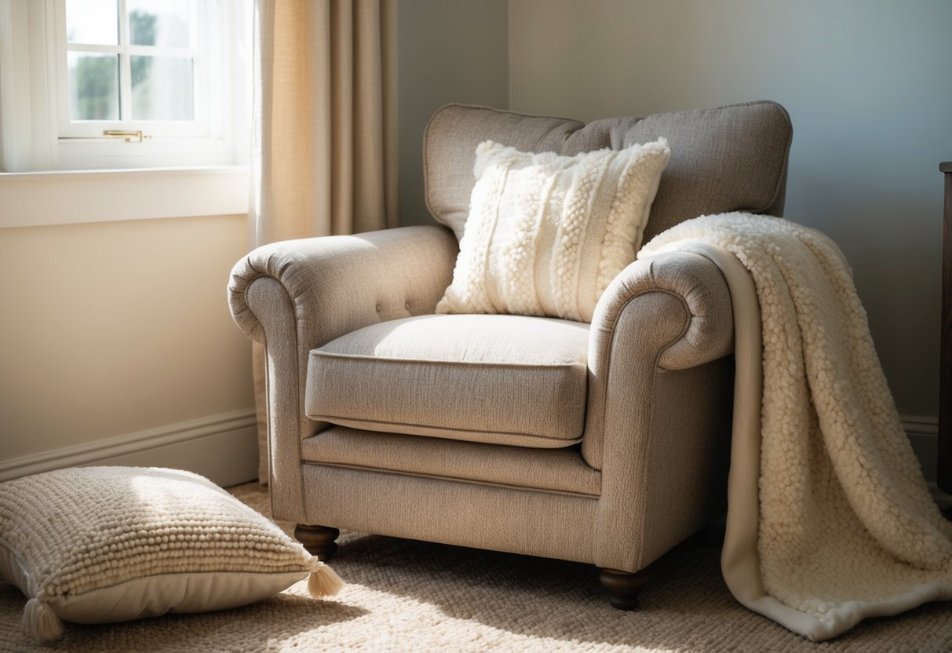 What is Bouclé? A Guide to This Popular Textile's Distinctive Looped Weave - Fabulous Bargains Galore A cozy bouclé armchair sits in a sunlit room, surrounded by soft blankets and plush pillows. The textured fabric adds visual interest and tactile appeal