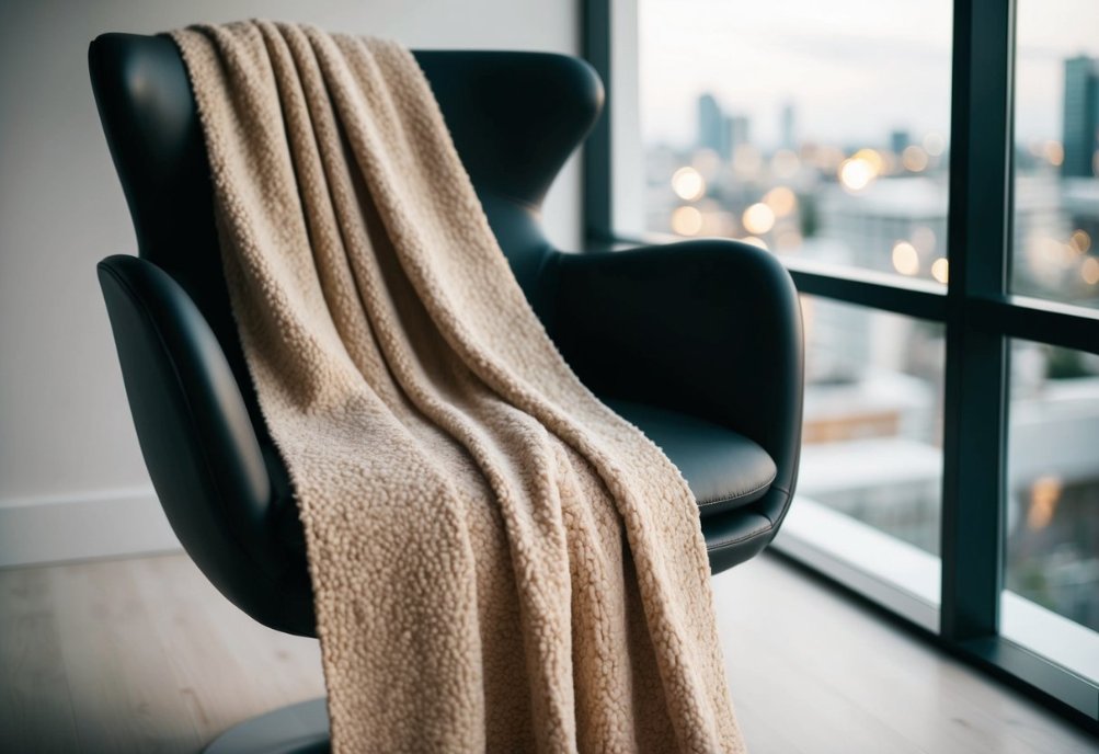 What is Bouclé? A Guide to This Popular Textile's Distinctive Looped Weave - Fabulous Bargains Galore A luxurious bouclé fabric draped over a sleek modern chair, catching the light to showcase its texture and elegance
