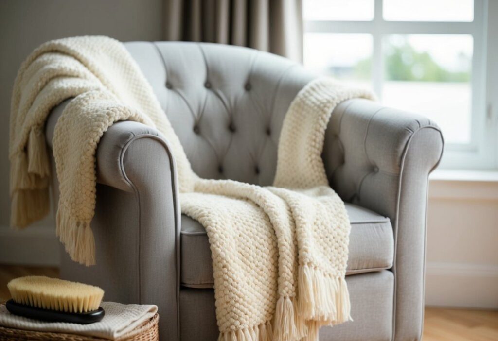 What is Bouclé? A Guide to This Popular Textile's Distinctive Looped Weave - Fabulous Bargains Galore A cozy armchair draped in bouclé fabric, with a soft brush and gentle detergent nearby for care and maintenance