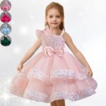 Light pink asymmetric sequin and tulle party dress for girls with one shoulder bow, satin waist bow and layered skirt