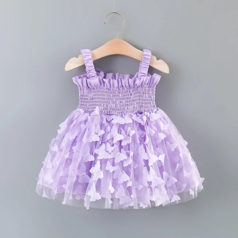 Girls lilac butterfly fairy dress with large attached sequin wings and layered butterfly tulle skirt