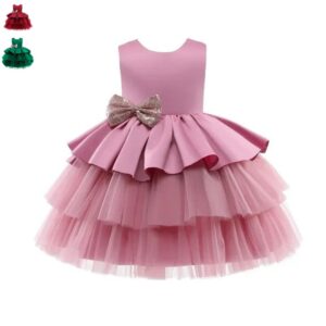 Pink multi-layer princess party dress for girls with sleeveless bodice, sequin bow and tiered tulle skirt