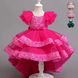 Flutter Sleeve Sequin High-Low Party Dress