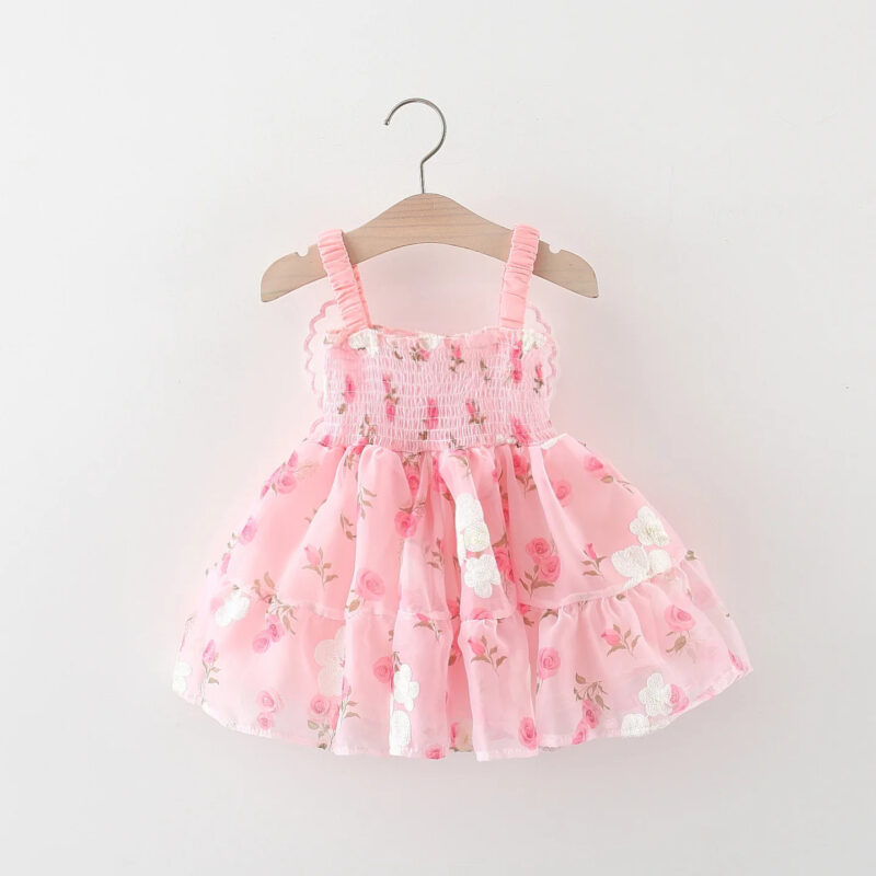 Girls pink rose fairy dress with shoulder straps, layered floral skirt and large sequin butterfly wings