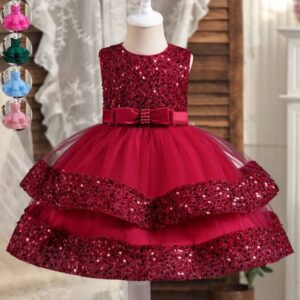 Red sparkling sequin and tulle party dress for little girls with sleeveless bodice, bow waist and layered sequin trim