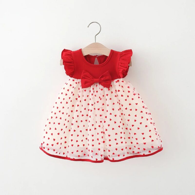 Red and white heart print summer dress for toddler girls with flutter sleeves, front bow and full tulle skirt
