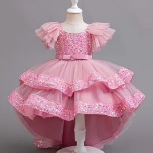 pink Flutter Sleeve Sequin High-Low Party Dress (2)