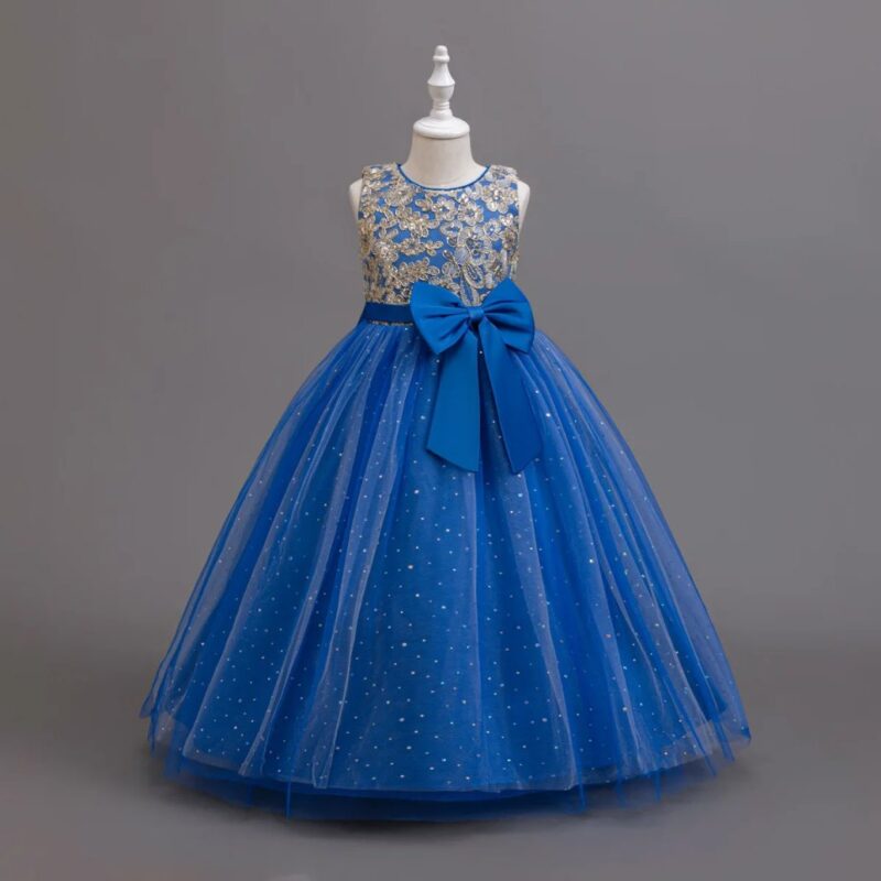 Front view of royal blue girls ball gown with gold floral sequin bodice, large satin bow and sparkling tulle skirt