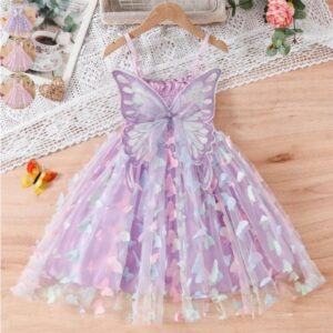 Girls lilac butterfly fairy dress with large attached wings and layered tulle skirt covered in pastel butterfly appliqués
