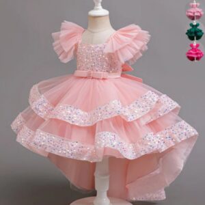 Light pink girls high low party dress with sparkling sequin bodice, flutter sleeves, layered tulle skirt and sequin trim.