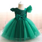 Green Trendy Asymmetric Sequin Party Dress with Dual Bows (2)