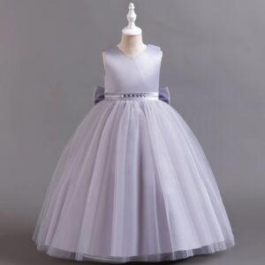 Grey Satin & Tulle Flower Girl Dress with Statement Bow (3)