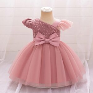Pink Asymmetric Sequin & Tulle Baby Dress with Flutter Sleeve (2)