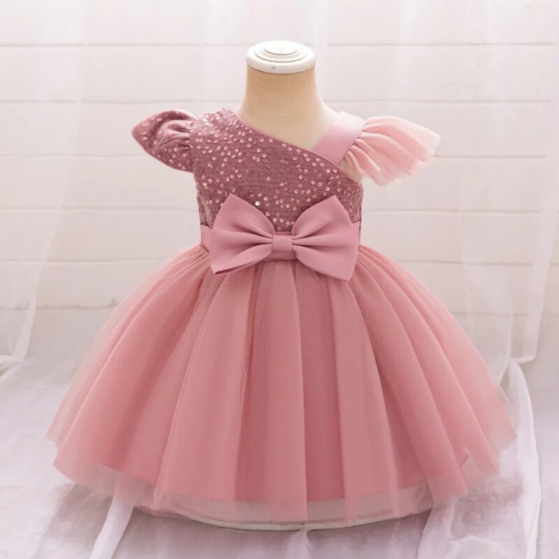 Pink Asymmetric Sequin & Tulle Baby Dress with Flutter Sleeve (2)