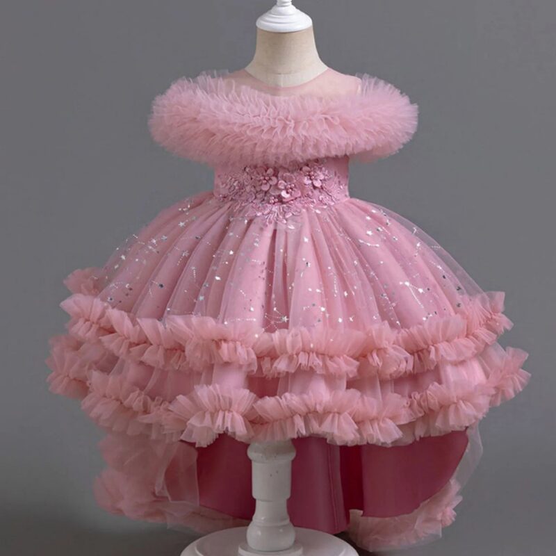 Pink High-Low Tulle Dress with Unique Fluffy Detail (1)