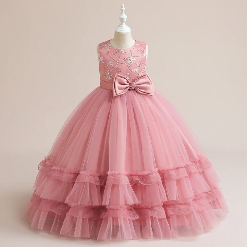 Pink Princess Ball Gown with Pearl-Adorned Bow (1)