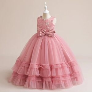 Pink Princess Ball Gown with Pearl-Adorned Bow (2)