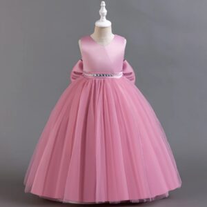 Pink Satin & Tulle Flower Girl Dress with Statement Bow (1)