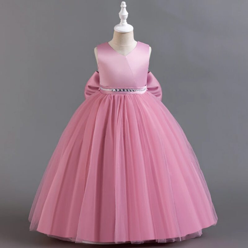 Pink Satin & Tulle Flower Girl Dress with Statement Bow (1)
