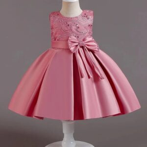 Pink Sequin & Pleated Satin Baby Dress with Pearl Bow (1)