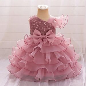Pink Unique Asymmetric Baby Dress with Flutter Sleeve Detail (5)
