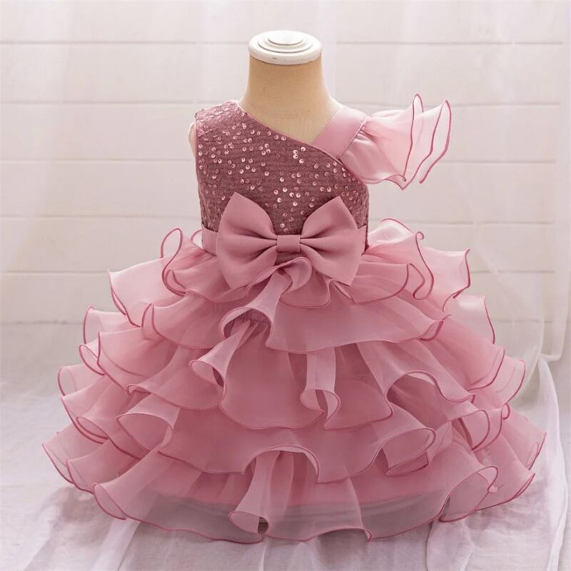 Pink Unique Asymmetric Baby Dress with Flutter Sleeve Detail (5)