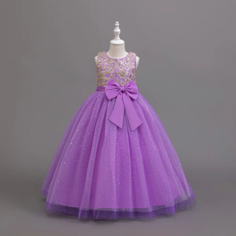 Front view of purple girls ball gown with gold floral sequin bodice, large satin waist bow and glitter tulle skirt