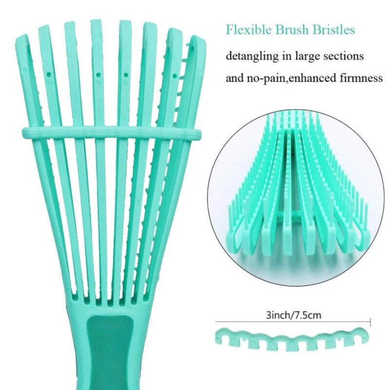 Close up of flexible detangling brush bristles showing wide separated design for painless knot removal