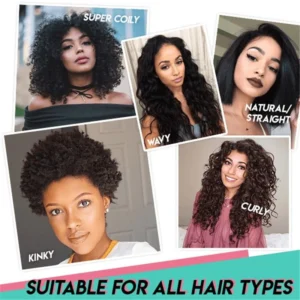 Flexible detangling brush displayed with different hair styles including curly, wavy and straight hair