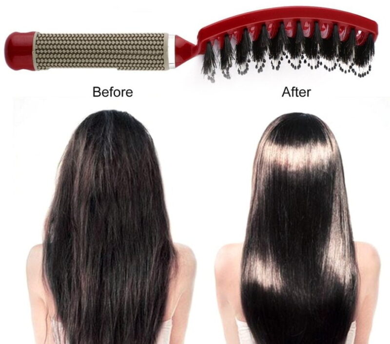 Detangling brush showing brush dimensions and ergonomic non slip handle design