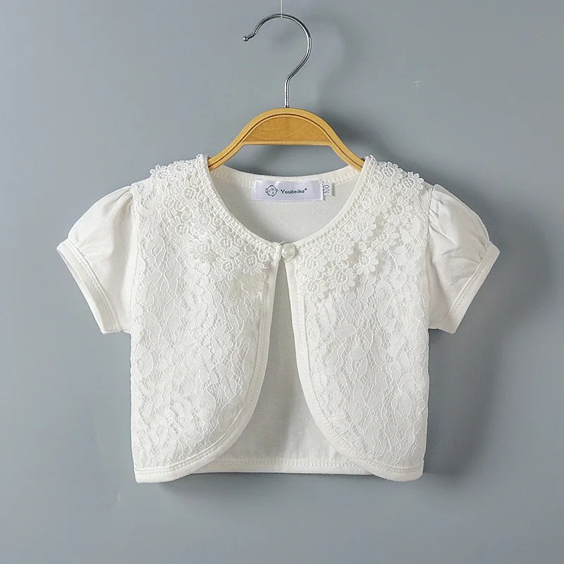 Ivory girls short sleeve lace bolero jacket with floral lace pattern and cropped fit for formal wear