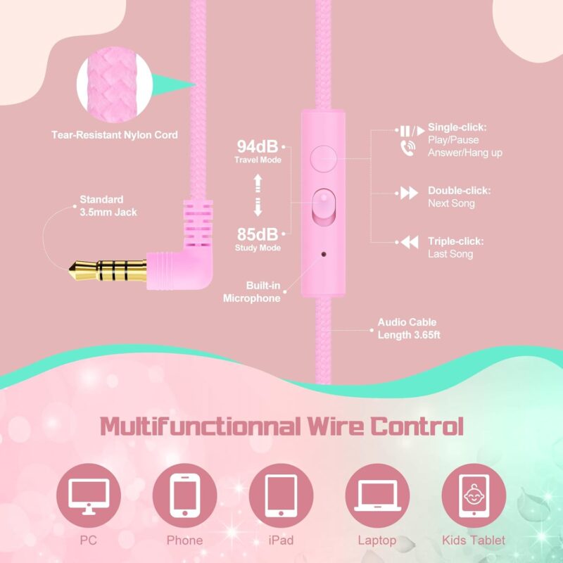 Kids cat ear headphones with multifunction inline control, microphone and compatibility with multiple devices