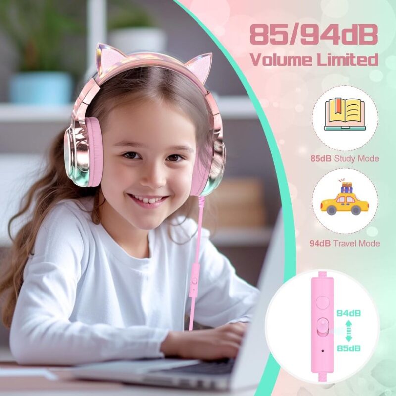 Kids cat ear headphones close up showing soft cushioned ear pads and comfortable over ear design